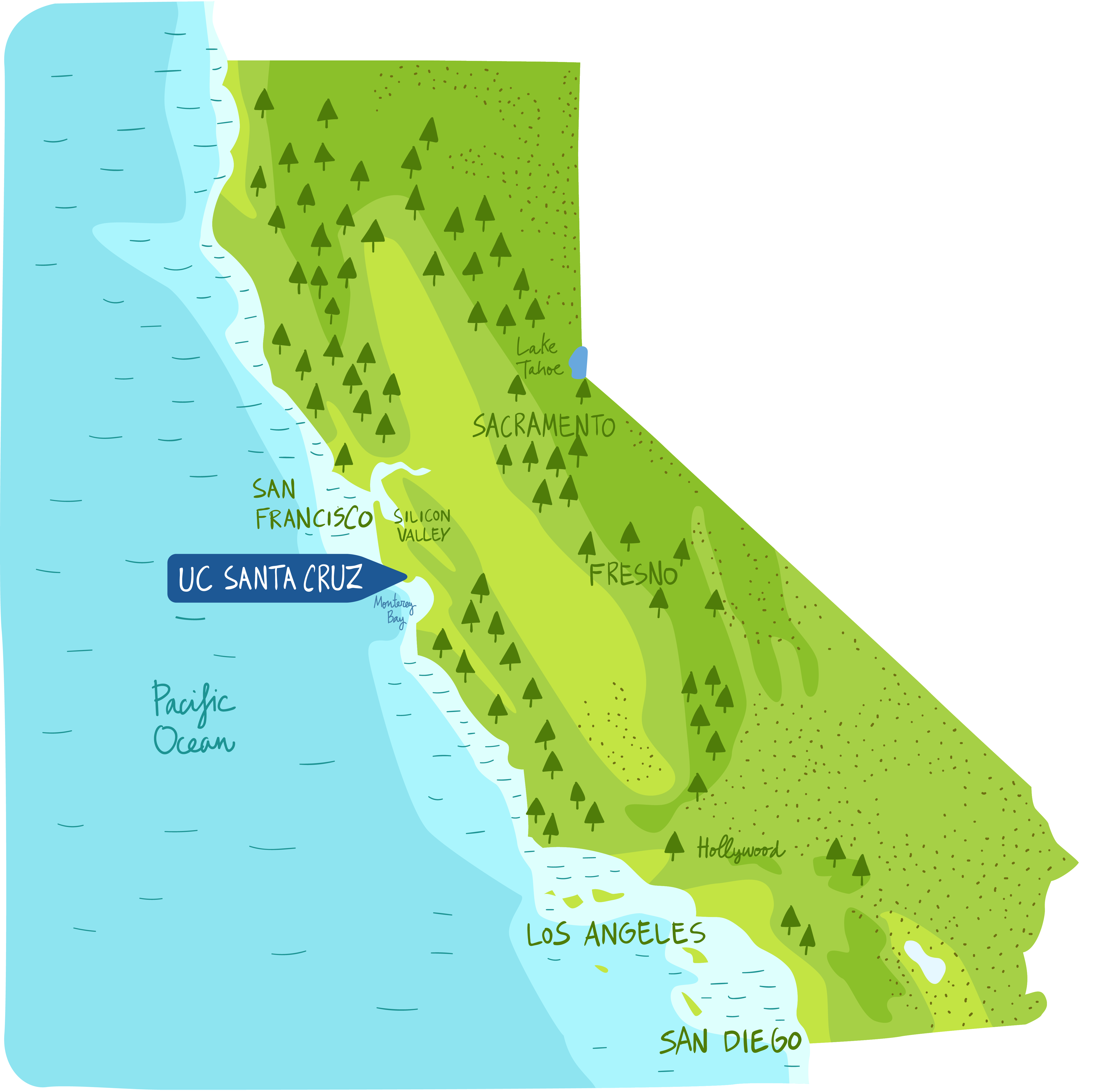 Illustration of the state of California with key cities and UC ɬֱ Cruz called out.